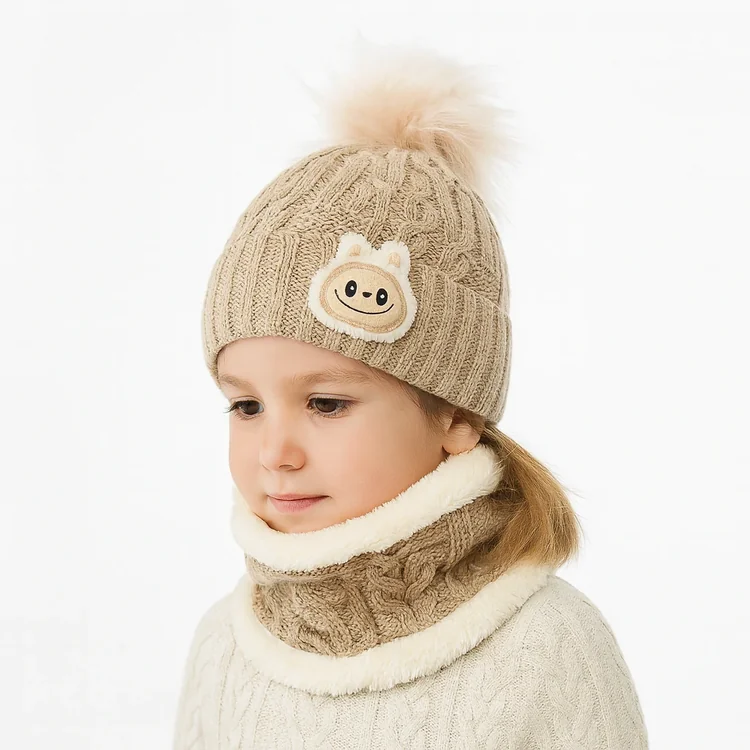 32-1 شال و کلاه دخترانه خزدار رینگی مدل لبوبو بافتنی کد 32 - تصویر 1