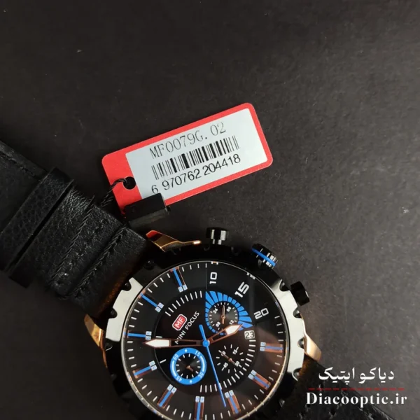 نمای سه چهارم قاب مشکی طلایی با بند چرمی مشکی ساعت Mf0079G.02