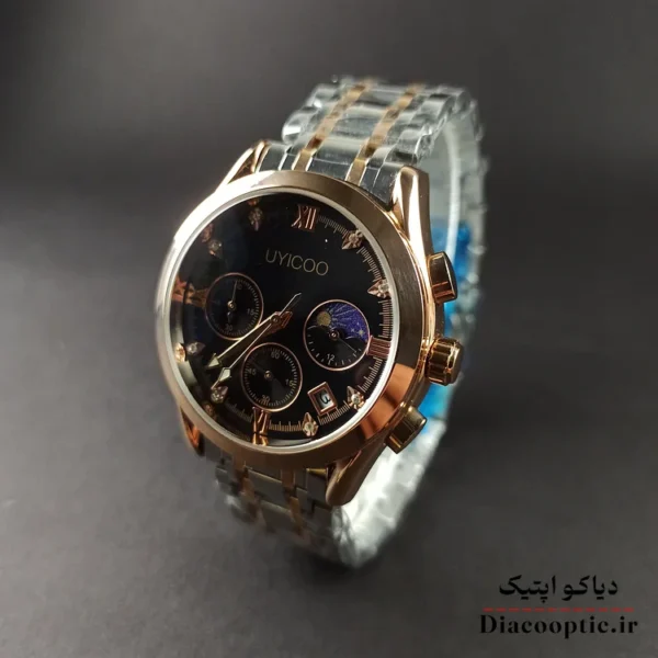 نمای کامل ساعت Unicoo سه موتور مدل DO1169 با صفحه مشکی و قاب طلایی
